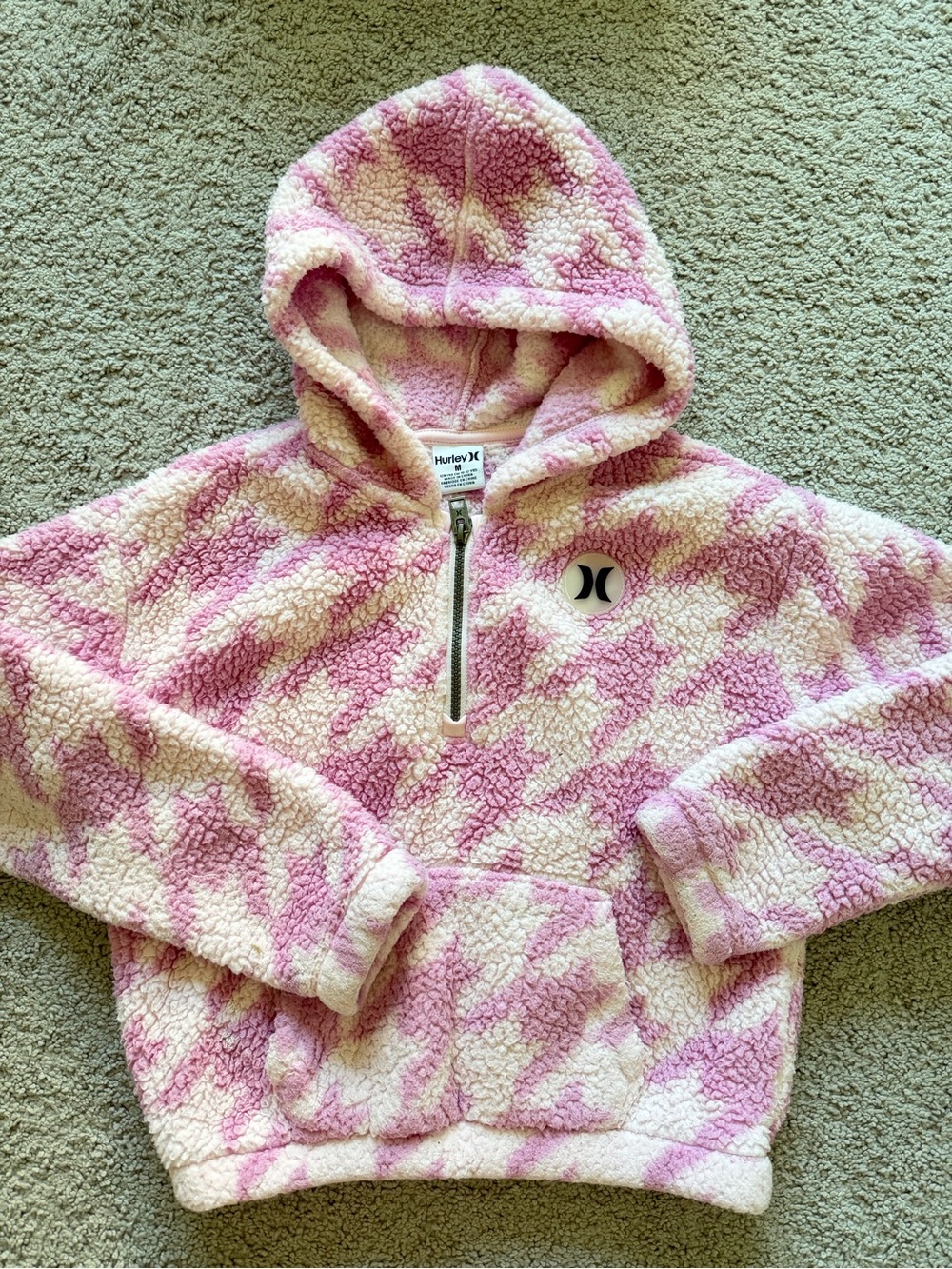 Hurley Girls Pink Print Sherpa Hooded Sweater Size M 10-12